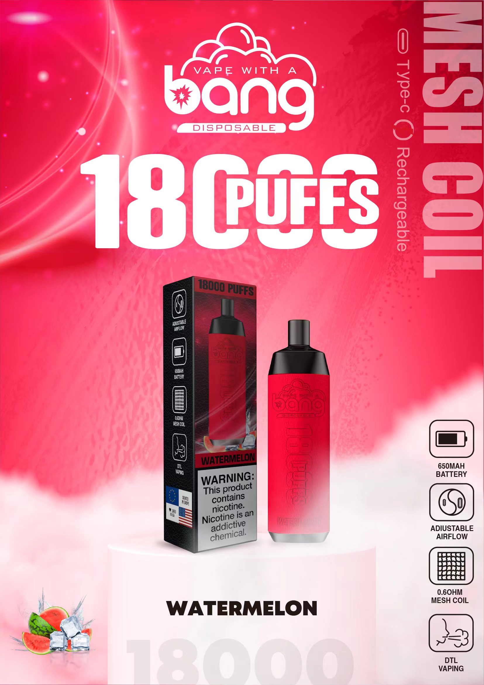 Bang Crown Bar 18000 18k Puffs Disposable Vape Best Many Nicotine Tastes E-Cigarettes Factory Direct