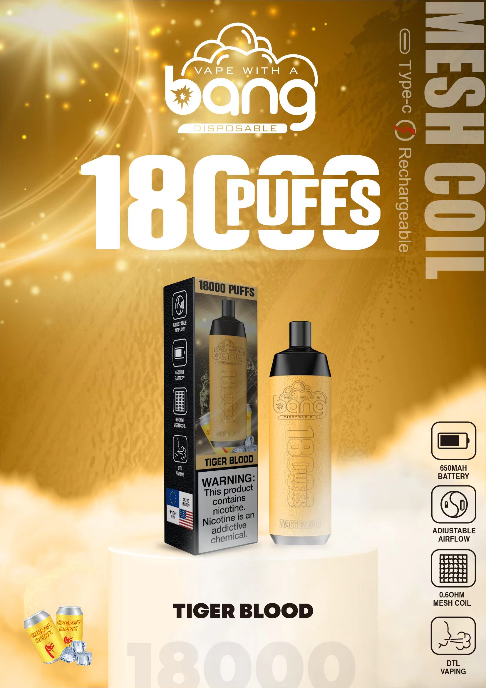 Bang Crown Bar 18000 18k Puffs Disposable Vape Best Many Nicotine Tastes E-Cigarettes Factory Direct