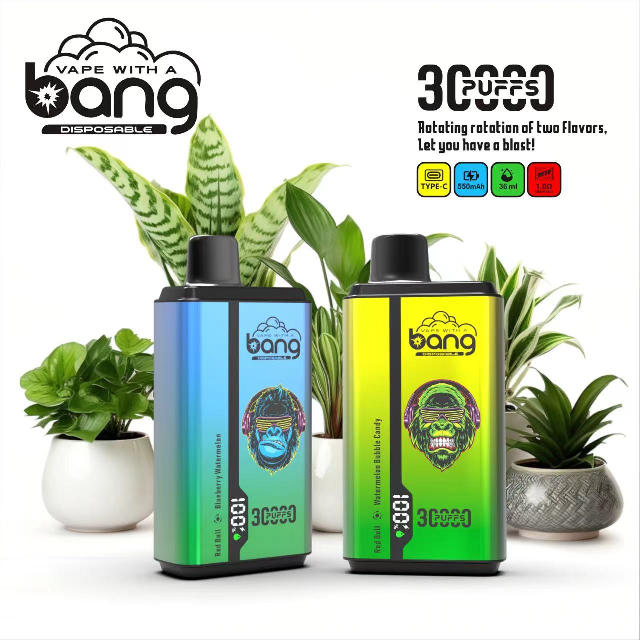 Bang 30000 30k Puffs Double Taste Disposable Vape 0% 2% 3% 5% Nicotine 12Tastes LED Display Rechargeable Factory Direct