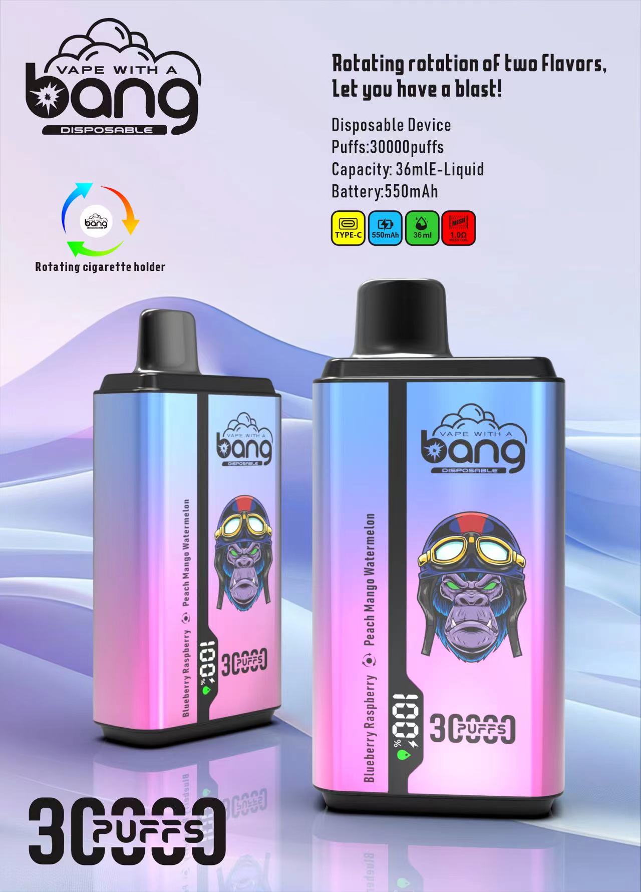 Bang 30000 30k Puffs Double Taste Disposable Vape 0% 2% 3% 5% Nicotine 12Tastes LED Display Rechargeable Factory Direct