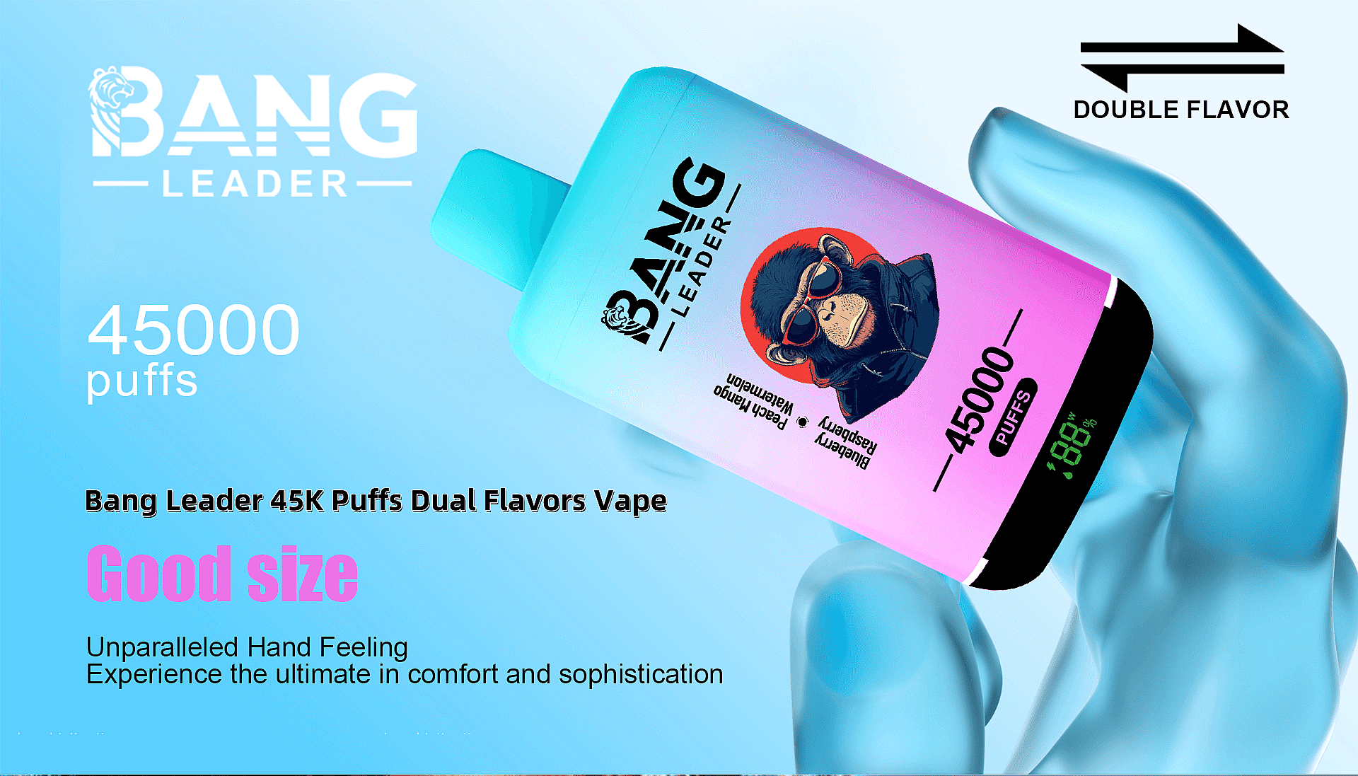 Promotional image for Bang Leader vape featuring dual flavors with a capacity of 45,000 puffs and a design emphasizing ergonomic grip and vibrant colors.