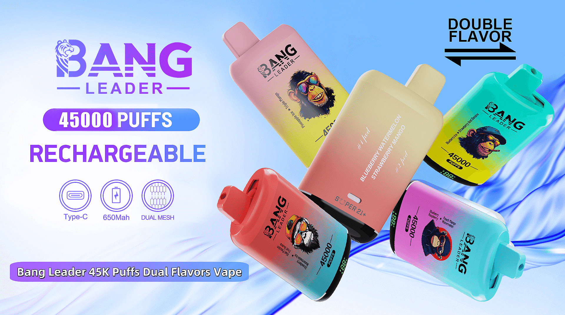 Promotional image for Bang Leader rechargeable vape devices featuring 45,000 puffs and dual flavors such as Blueberry Watermelon and Strawberry Mango, displayed against a blue gradient background with product specifications highlighted.