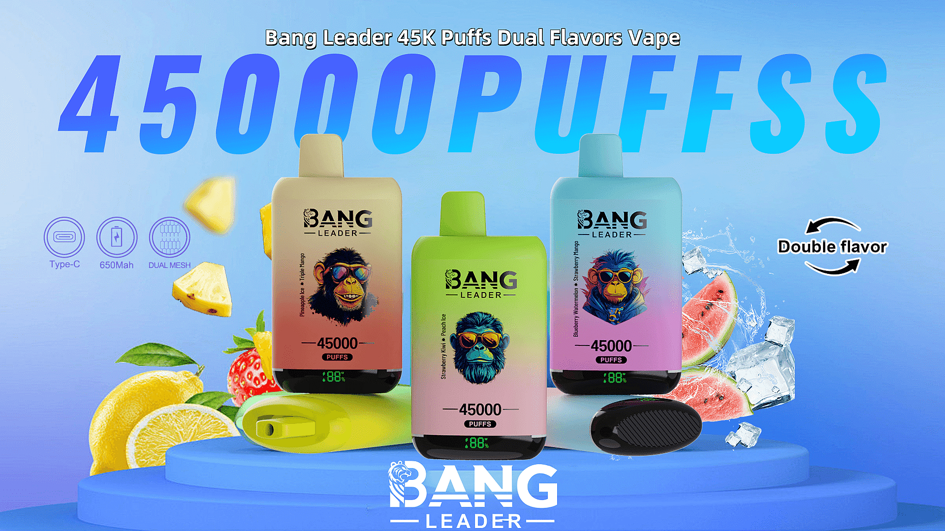 Promotional image for Bang Leader 45K Puffs Dual Flavors Vape featuring three colorful vape designs with fruit illustrations against a blue background.