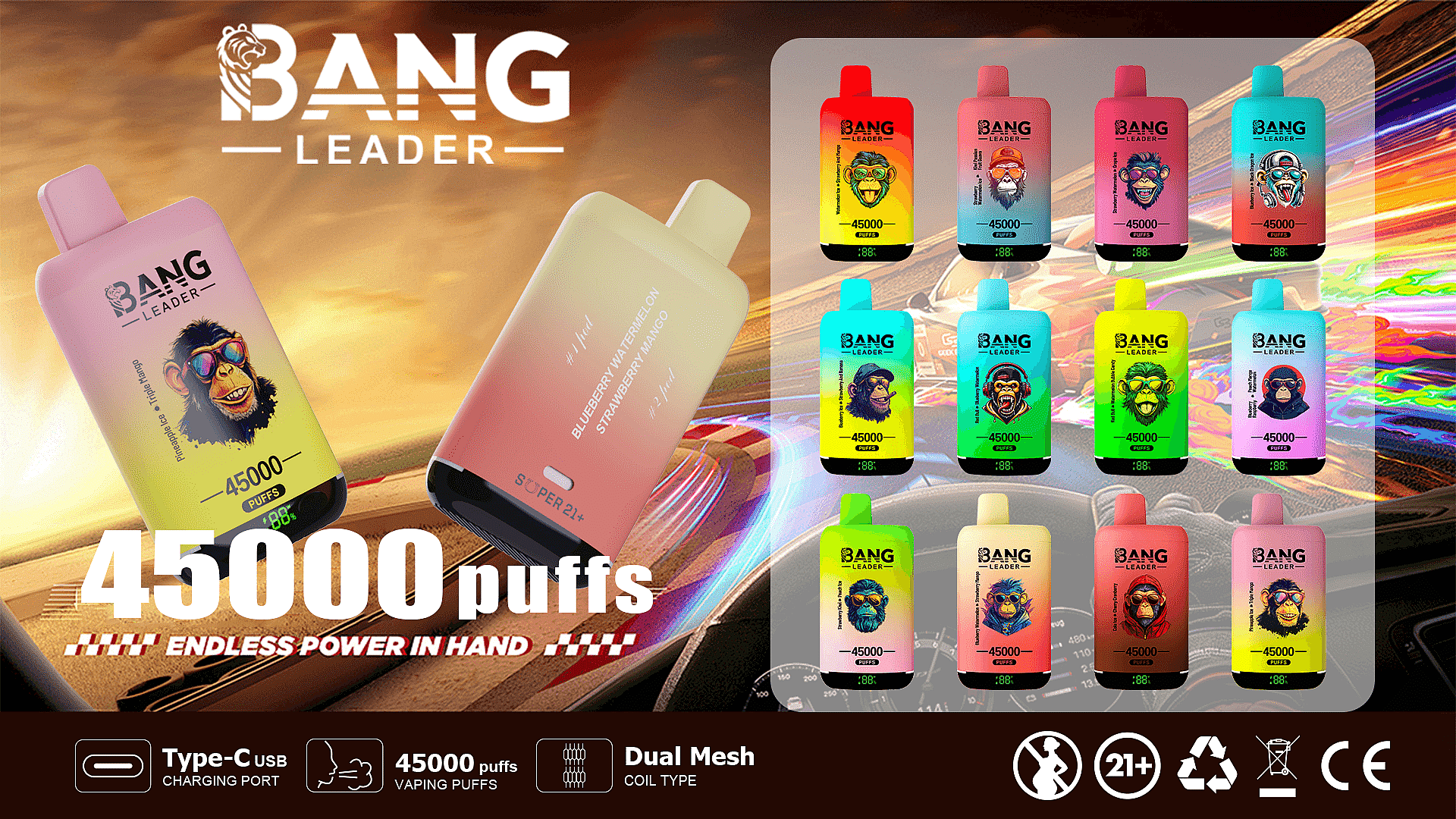 Promotional graphic showcasing Bang Leader vape devices with monkey-themed designs, 45000 puffs, Type-C USB charging port, dual mesh coil type, and compliance badges including 21+ restriction and recycling symbol against a racing background.
